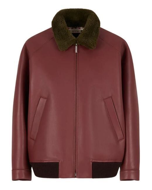 Marni Red Collar-Detail Leather Bomber Jacket