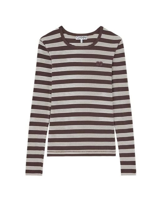 Ganni Brown T-Shirt Rayé À Manches Longues