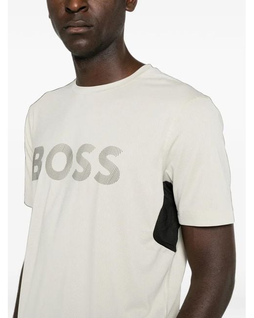 Boss White Logo-Print Panelled T-Shirt for men