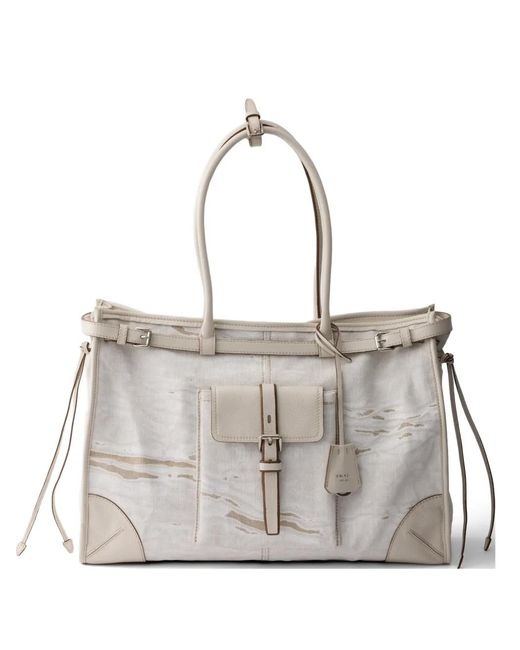 Prada Gray Bonnie Printed Linen And Leather Tote Bag