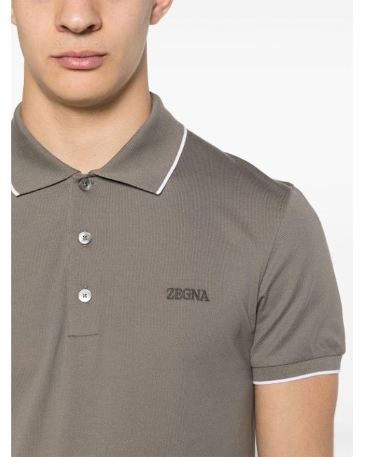 Zegna Piqué Poloshirt Met Gestreepte Afwerking in het Gray voor heren