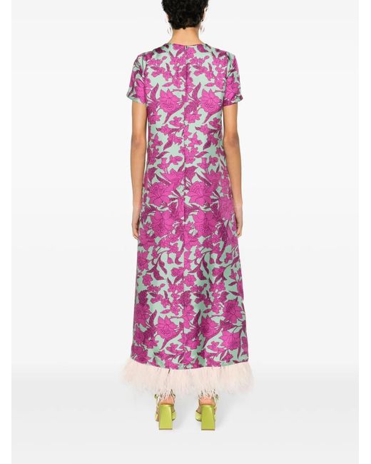 LaDoubleJ Purple Swing Feather-trimmed Floral-print Silk-twill Maxi Dress