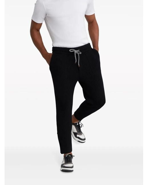 Brunello Cucinelli Black Ribbed Cashmere Track Pants for men