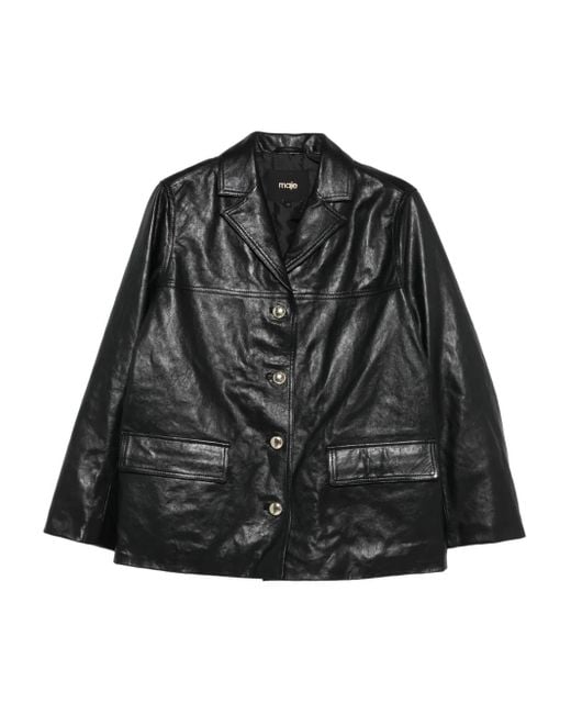 Maje Black Single-Breasted Leather Blazer