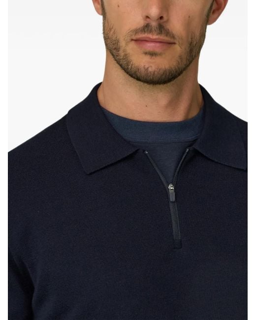 Boggi Blue Knitted Polo Shirt Quarter-Zip Wool Blend Wooltech for men
