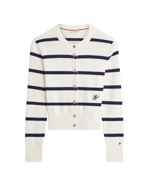 Tommy Hilfiger White Cardigan Premium À Rayures Horizontales En Coton