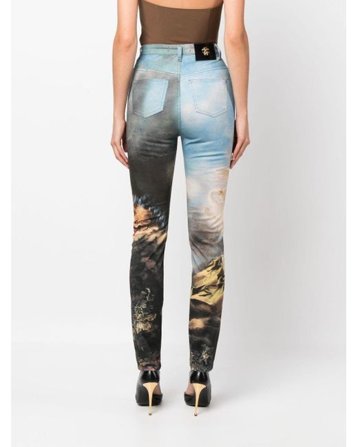 Graphic-print high-waisted skinny jeans Roberto Cavalli de color Blue