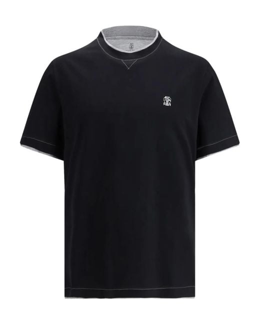 Brunello Cucinelli Black Embroidered-Logo T-Shirt for men