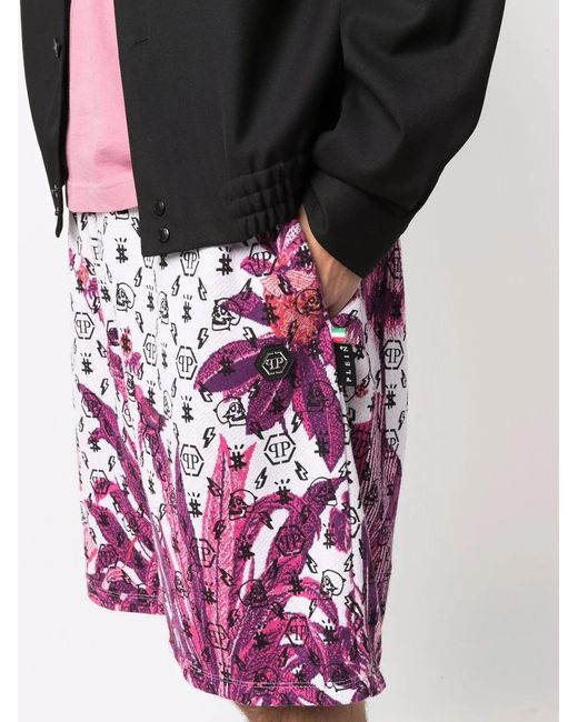 Philipp Plein Red Floral Logo Drawstring Shorts for men