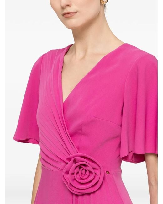 Nissa Pink Floral-Appliqué Pleated Midi Dress