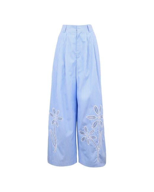MIRA MIKATI Blue Striped Floral-Embroidered Trousers
