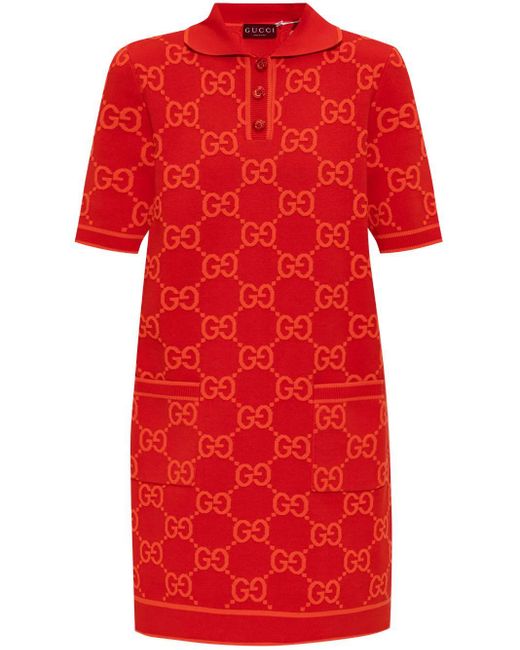 Gucci Red Gg Jacquard Cotton Dress