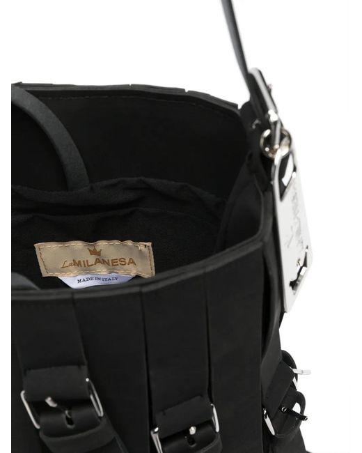 La Milanesa White Buckle-Detail Fringed Bucket Bag