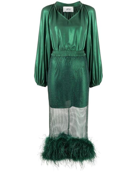 Atu Body Couture Feather-trim Beaded Panel Dress in Green | Lyst