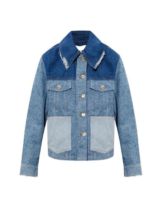 Ganni Blue Panelled Distressed Denim Jacket