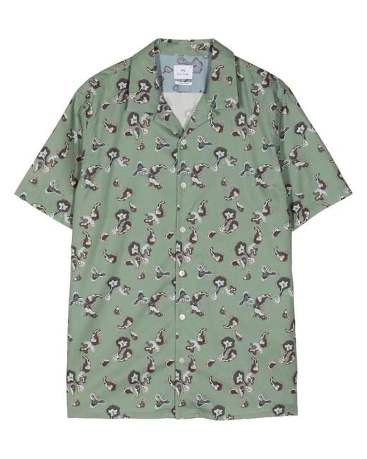 Paul Smith Green Graphic-Print Organic Cotton Shirt for men