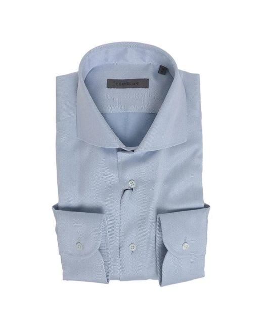 Corneliani Blue Herringbone-Pattern French-Collar Shirt for men