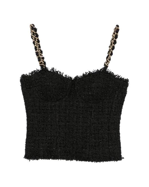 Balmain Black Sleeveless Tweed Chain-Link Strap Top