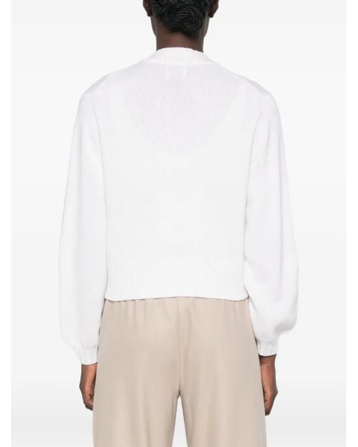 Allude White Ribbed-Trim V-Neck Cardigan