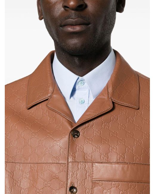 Gucci Brown Gg Supreme Leather Shirt Jacket for men