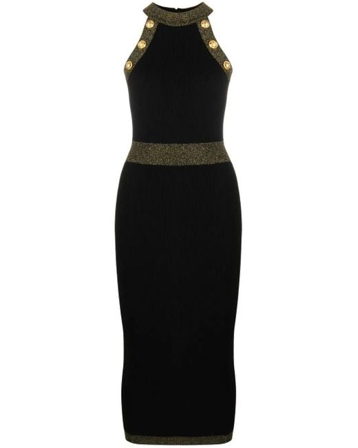 Balmain Gebreide Midi Jurk Met Knopen En Lurex Bies Zwart in het Black