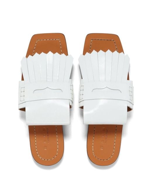 Marni White Fringed Leather Flat Sandals