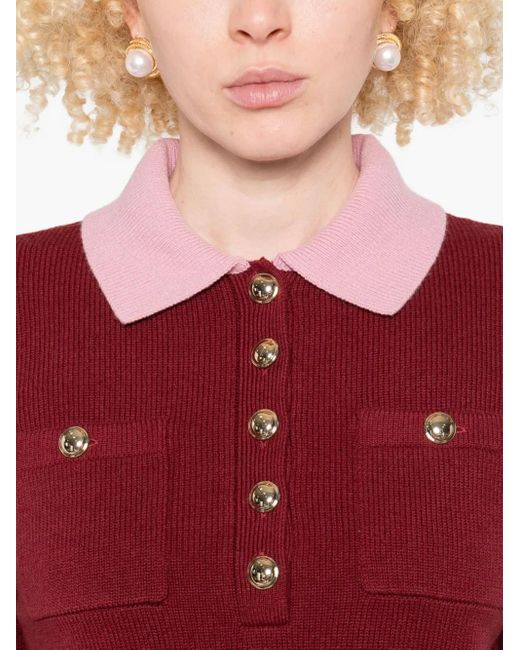Self-Portrait Red Burgundy Contrast Collar Knit Top