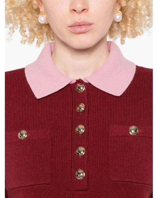 Self-Portrait Red Burgundy Contrast Collar Knit Top