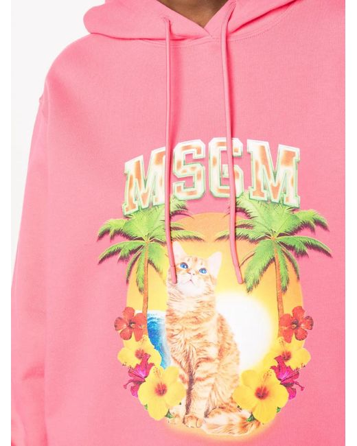 MSGM Pink Graphic-Print Cotton Hoodie