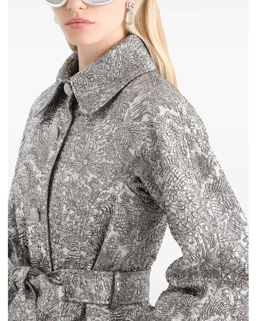 Dolce & Gabbana Gray Lamé Floral Jacquard Fabric Trench Coat