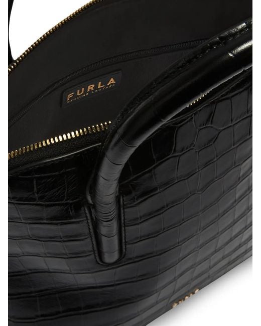 Furla Black S Atmosfera Dome Croc-Effect Leather Tote Bag