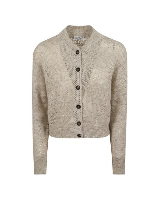 Brunello Cucinelli White Sequin-Embellished Open-Knit Cardigan