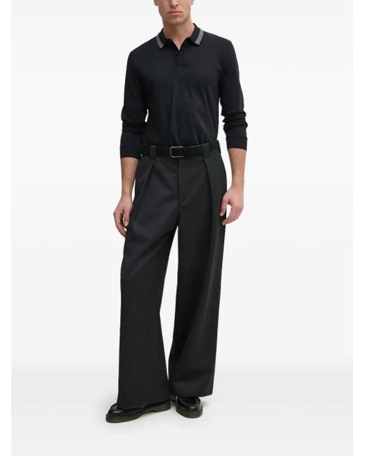 Boss Black Ribbed-Collar Long-Sleeve Polo Shirt for men