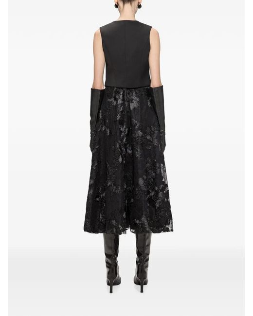 Nissa Black Floral-Embroidered A-Line Midi Skirt