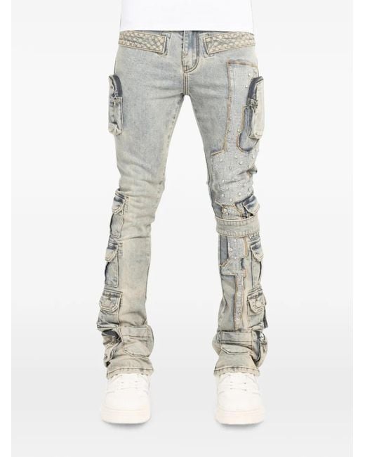 GUAPI Gray Rhinestone-Embellished Quilted-Panel Jeans for men