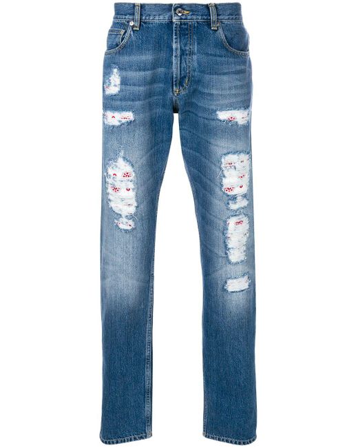 Alexander McQueen Blue Distressed Folk Embroidery Jeans for men