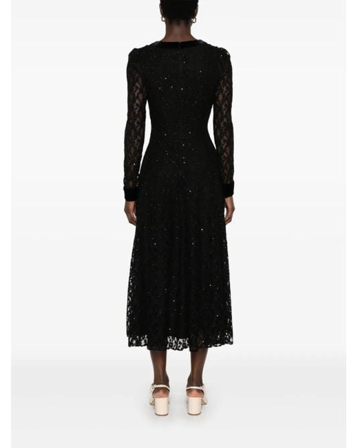 Nissa Black Crystal-Embellished Lace Midi Dress