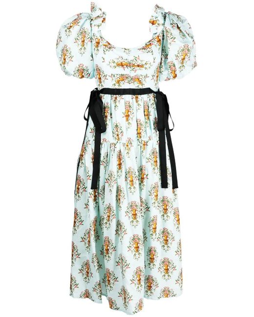 Agua Bendita White Floral-Print Midi Dress