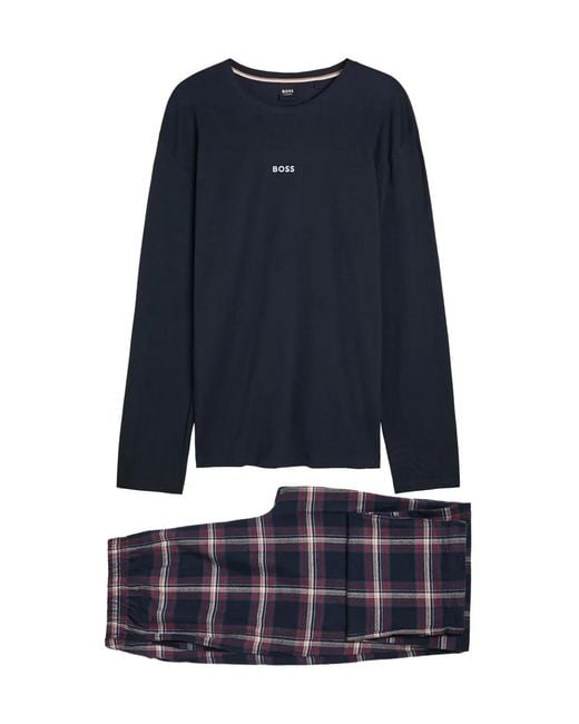 Boss Blue Long-Sleeve Plaid Pyjama Set for men