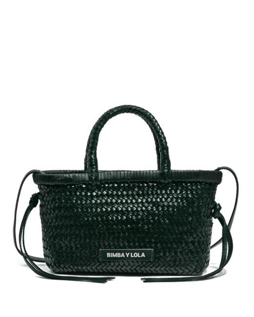 Bimba Y Lola Black Small Woven-Leather Top-Handle Tote Bag