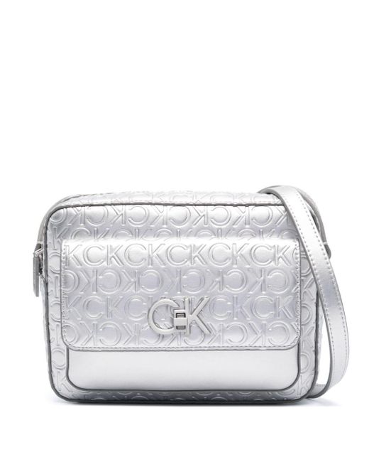 Calvin Klein Gray Logo-embossed Leather Shoulder Bag