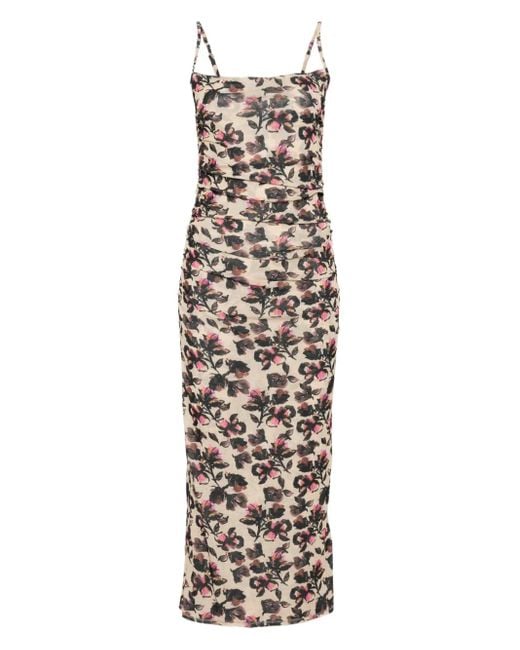 Nanushka White Gerafftes Kleid Mit Blumen-Print