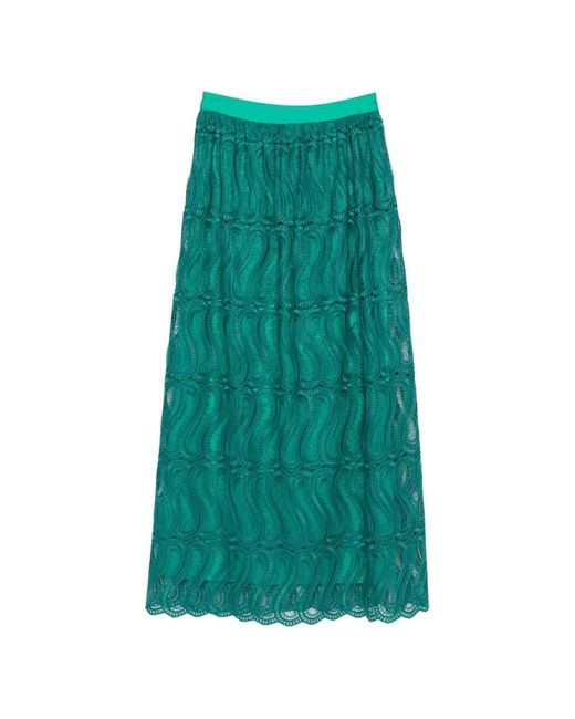 Raquel Diniz Green Sabi Lace-Overlay Scalloped-Edge Midi Skirt