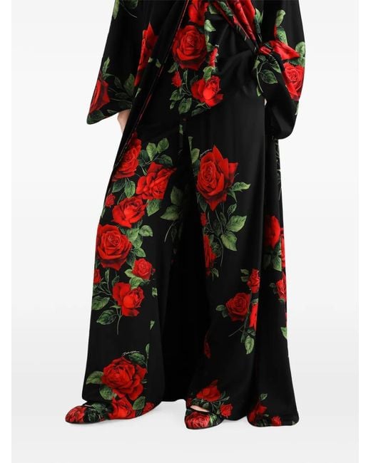 Dolce & Gabbana Red Rose-Print Vanity Silk Trousers