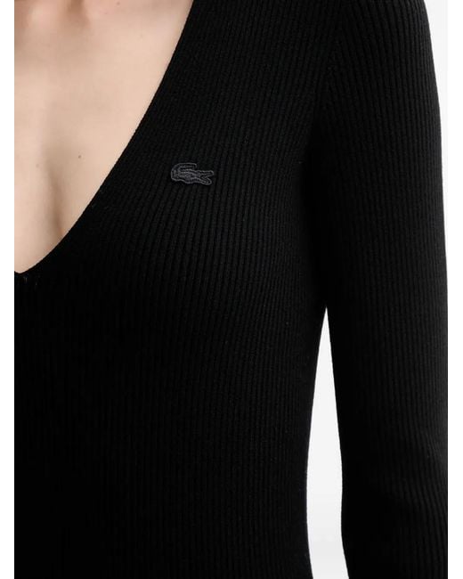 Lacoste Black V-Neck Ribbed Midi Dress