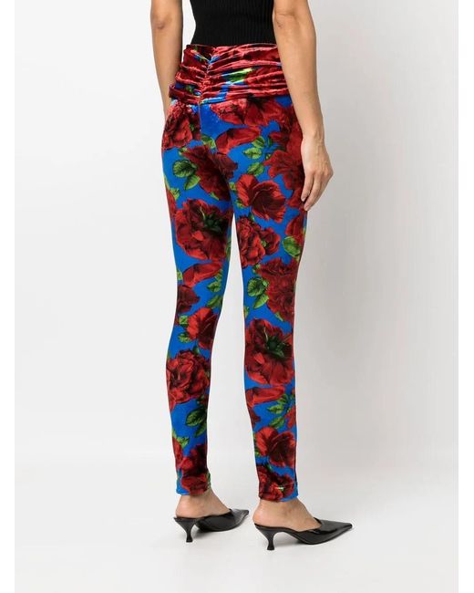 Magda Butrym Red Rose-Print Velvet Leggings
