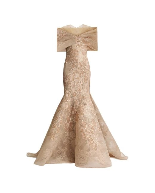Gemy Maalouf Natural Floral-Embroidered Gown