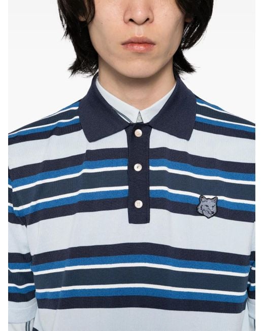 Maison Kitsuné Bold Fox Head-Patch Striped Polo Shirt in Blue for