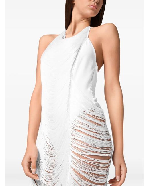 Philipp Plein White Jupe Mi-Longue À Franges