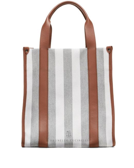 Brunello Cucinelli Brown Leather-trim Striped Tote Bag